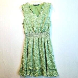 Doe & Rae Women Dress MED Ruffle Ruched Spring Green Cottage Coquette Romantic